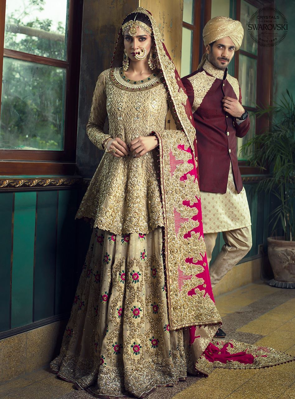 Gold Peplum With Gradient Maroon Dupatta